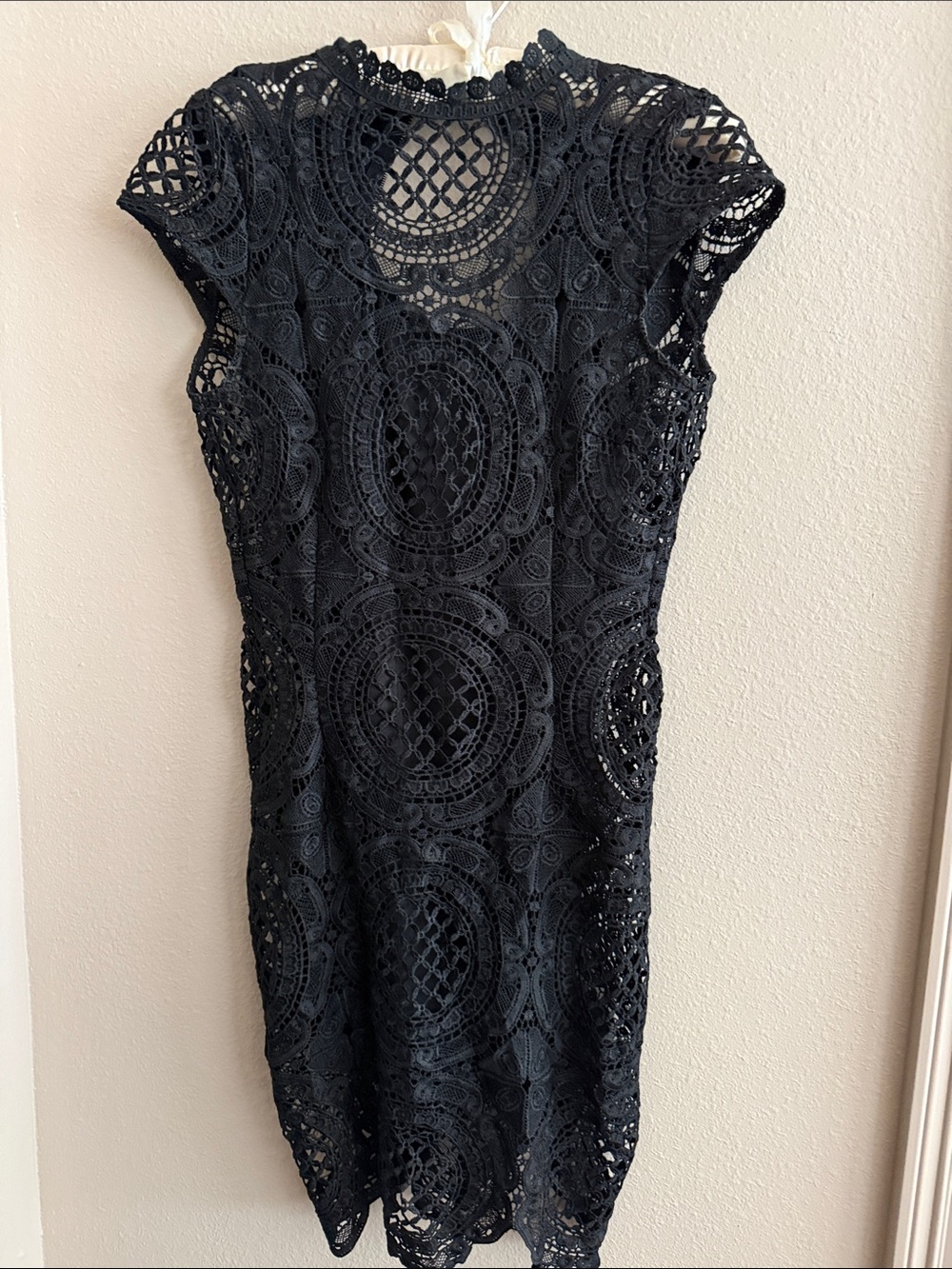 Cap-Sleeve Black Crochet Midi Dress
